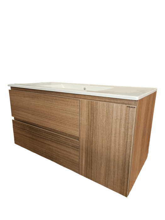 Meuble suspendu salle de bain + lavabo céramique 100cm - GRAAL - Cherry Silver + Miroir avec éclairage BELLUS
