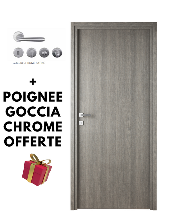 Bloc-porte fin de chantier Essence Gris, H.204 l.83cm, réversible + Poignée Goccia Chrome à clé Offerte